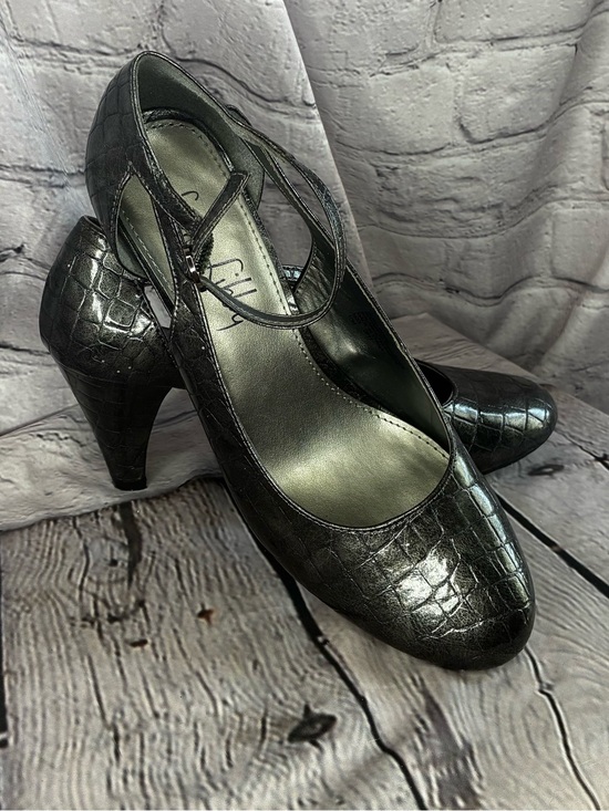 Sam & Libby Shoes - Cybercorp Goth Metal Career Office Siren Pewter Croc Embossed Mary Jane Pumps 10